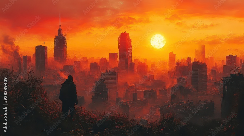 Fototapeta premium postapocalyptic cityscape with crumbling skyscrapers overgrown vegetation reclaiming streets and a lone figure silhouetted against a hazy orange sky