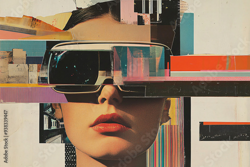 A digital collage depicting a person's face wearing VR glasses, comprised of various elements such as screen fragments, old film rolls, and vintage posters.  photo