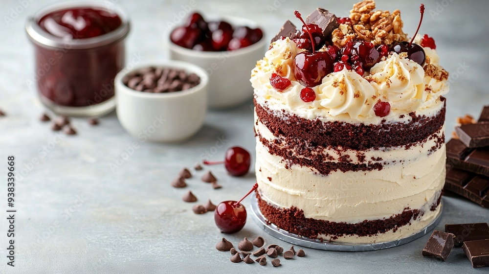   A macro shot of a cake atop a table, adorned with cherries and chocolate chips nearby