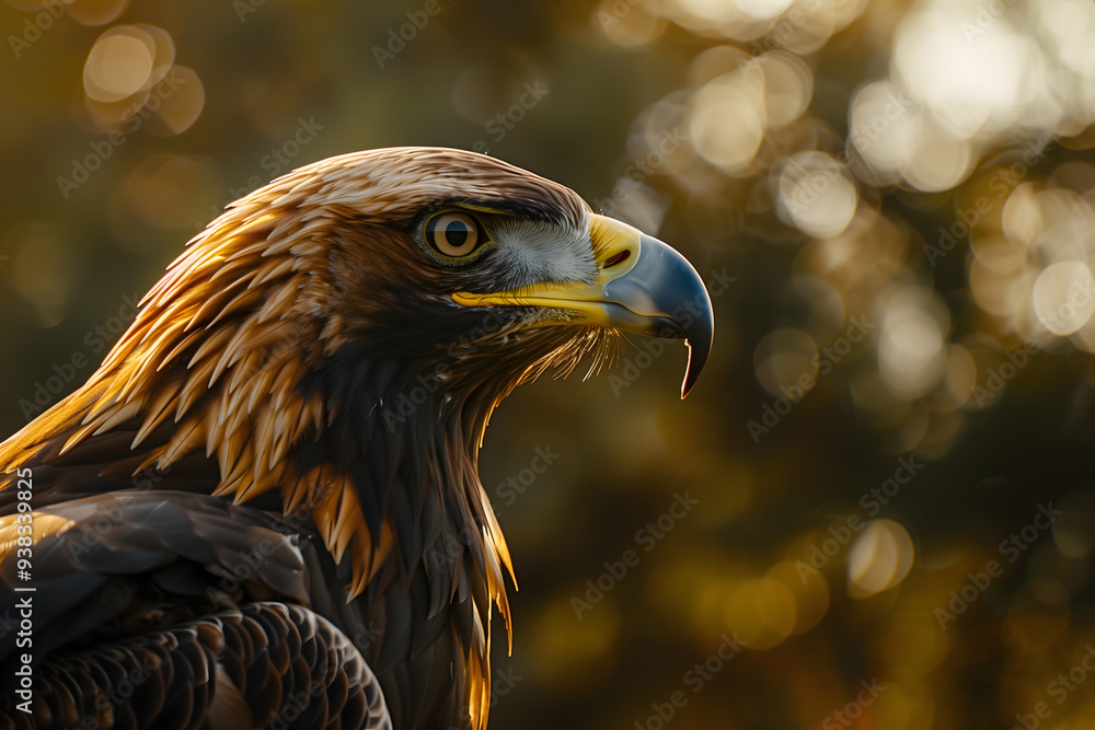 Fototapeta premium Majestic golden eagle looking to the side, with a penetrating gaze and striking plumage on a warm and blurred background, embodying the power, beauty and imposing essence of nature.