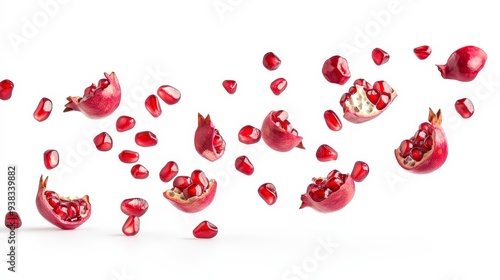 Red pomegranate arils and seeds falling in mid air on a white background. photo