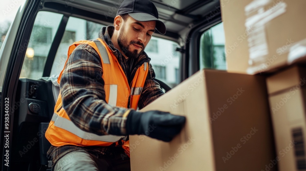 Close-up of a logistics worker loading cargo into a delivery truck, with focus on packages and vehicle Close-up of a logistics worker loading cargo into a delivery truck, with focus on packages and vehicle