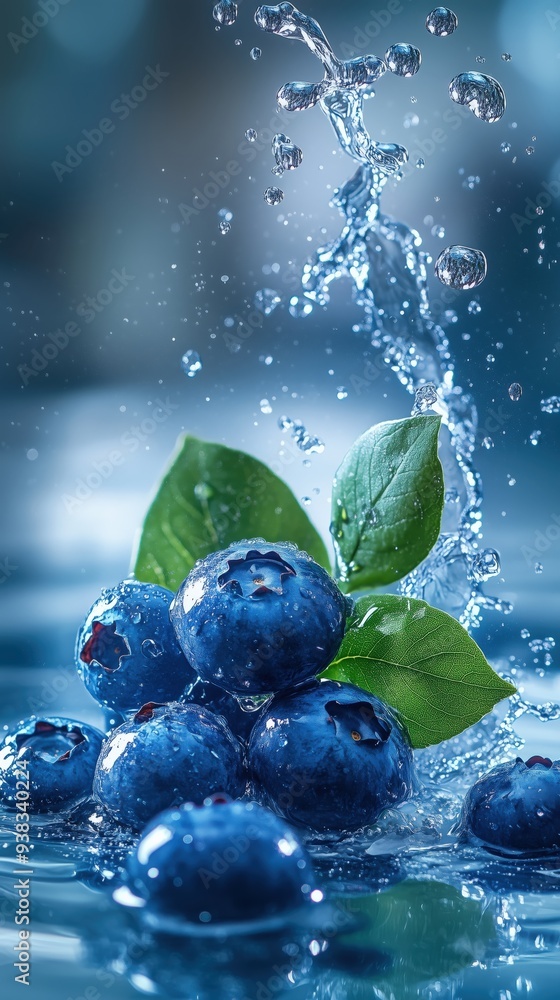 A close-up shot of fresh blueberries with a vibrant green leaf, surrounded by dynamic water splashes, emphasizing freshness and vitality. A close-up shot of fresh blueberries with a vibrant green leaf, surrounded by dynamic water splashes, emphasizing freshness and vitality.