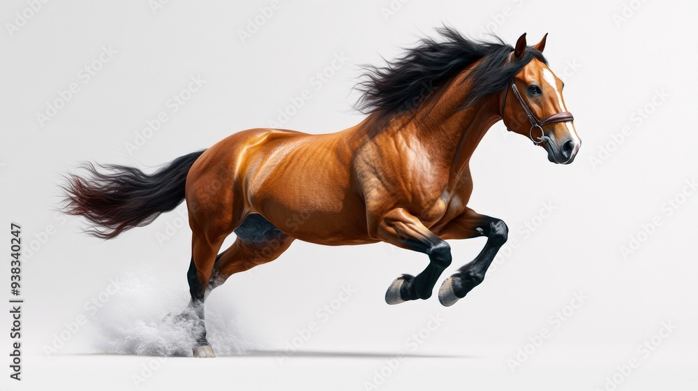 Obraz premium A magnificent horse gallops gracefully, showcasing its strength and beauty in motion against a clean, white background.