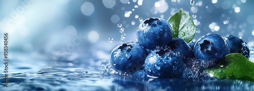 A close-up shot of fresh blueberries with a vibrant green leaf, surrounded by dynamic water splashes, emphasizing freshness and vitality.