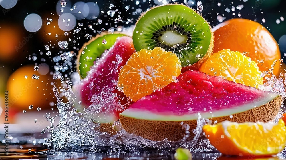 Watermelon, kiwi, oranges, and watermelon slices are splashing out of the water Watermelon, kiwi, oranges, and watermelon slices are splashing out of the water