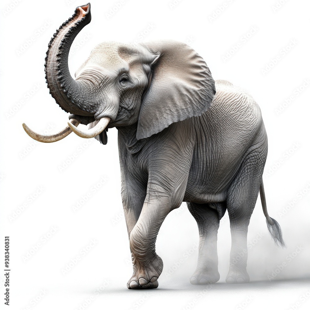 Obraz premium A majestic elephant walks gracefully, showcasing its impressive tusks and large ears in a serene, dust-filled environment.