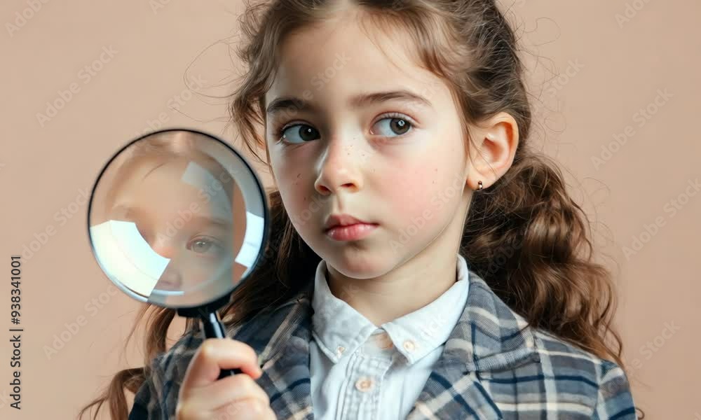 A curious girl exploring mysteries with a magnifying glass in her stylish outfit A curious girl exploring mysteries with a magnifying glass in her stylish outfit
