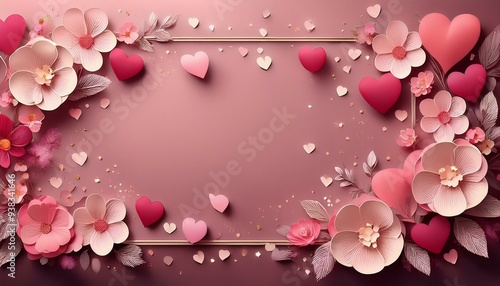 Floral frame with confetti on a rosy backdrop for Valentine's Day. photo