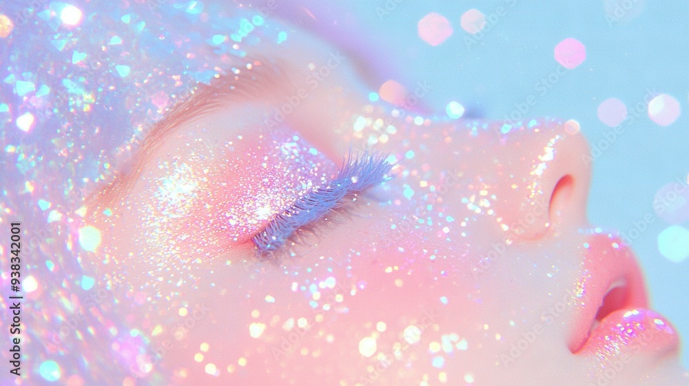 Fototapeta premium Blue and pink eye makeup close-up on a woman's face