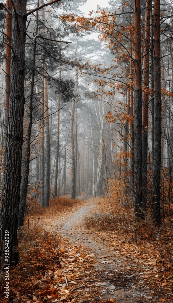 Fototapeta premium Misty autumn morning in the forest with winding path amidst towering trees and leaf laden ground