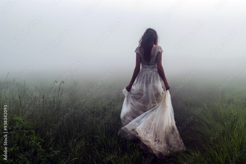 Spectral bride in a tattered wedding dress, wandering through a fog-covered meadow.