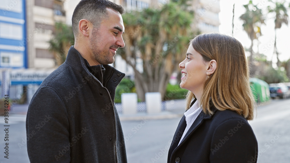 Couple in love smiling at each other on a sunny city street Couple in love smiling at each other on a sunny city street