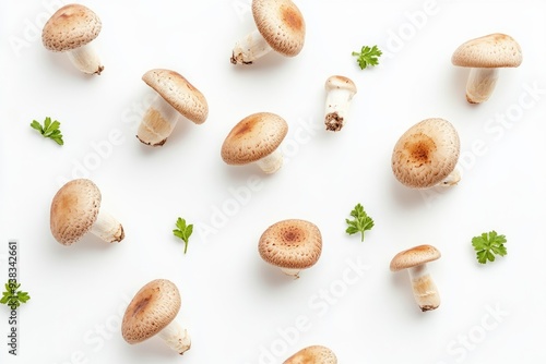 Fresh mushrooms scattered on a white background. They look delicious and healthy. This photo can be used for food blogs and recipes. Generative AI