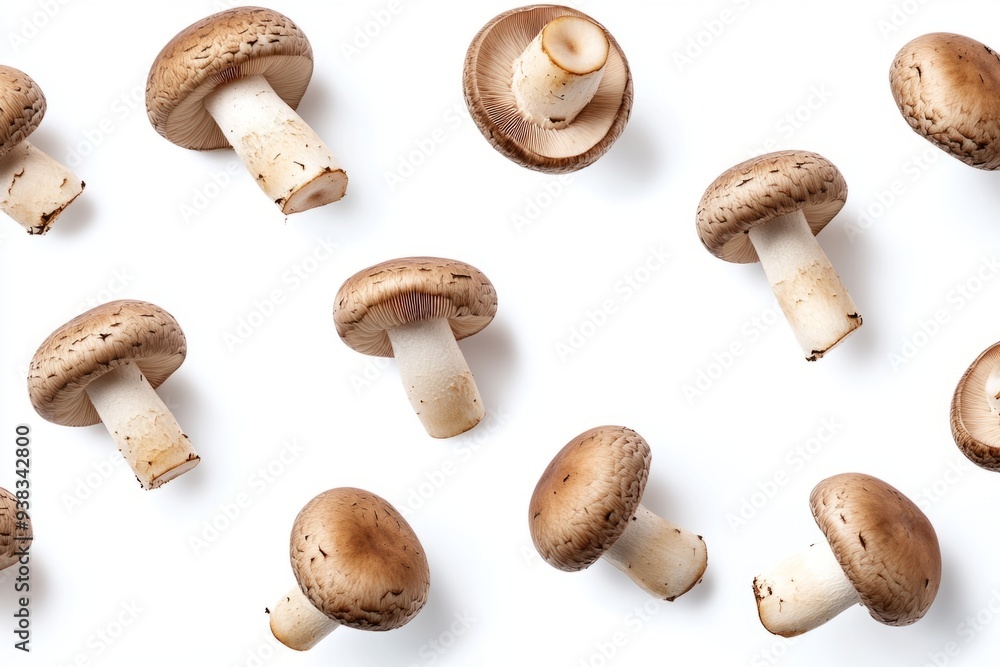 Fresh brown mushrooms scattered on a white background. Perfect for food photography and culinary inspiration. A natural and appetizing look to elevate any dish. Generative AI Fresh brown mushrooms scattered on a white background. Perfect for food photography and culinary inspiration. A natural and appetizing look to elevate any dish. Generative AI