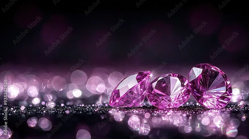 Fototapeta premium Three pink diamonds atop black surface with purple background light