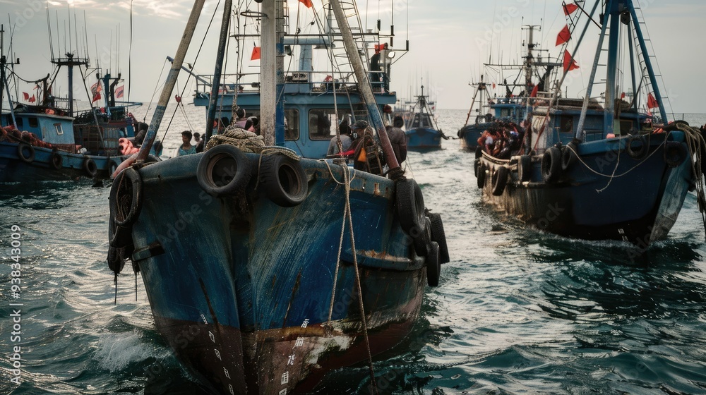 Blue Fishing Boats with Red Flags on the Sea Blue Fishing Boats with Red Flags on the Sea
