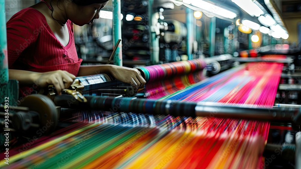 Woman Operating a Loom Weaving Colorful Threads Woman Operating a Loom Weaving Colorful Threads
