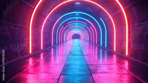 Neon Lights Tunnel with Pink and Blue Glowing Arcs