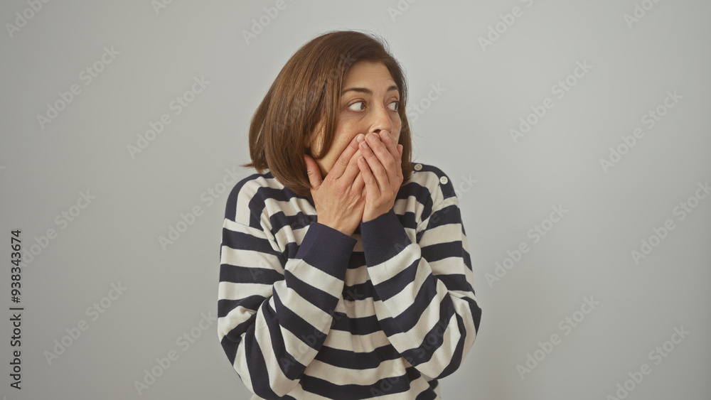 A surprised middle-aged woman in a striped shirt covers her mouth with her hands against a white background. A surprised middle-aged woman in a striped shirt covers her mouth with her hands against a white background.