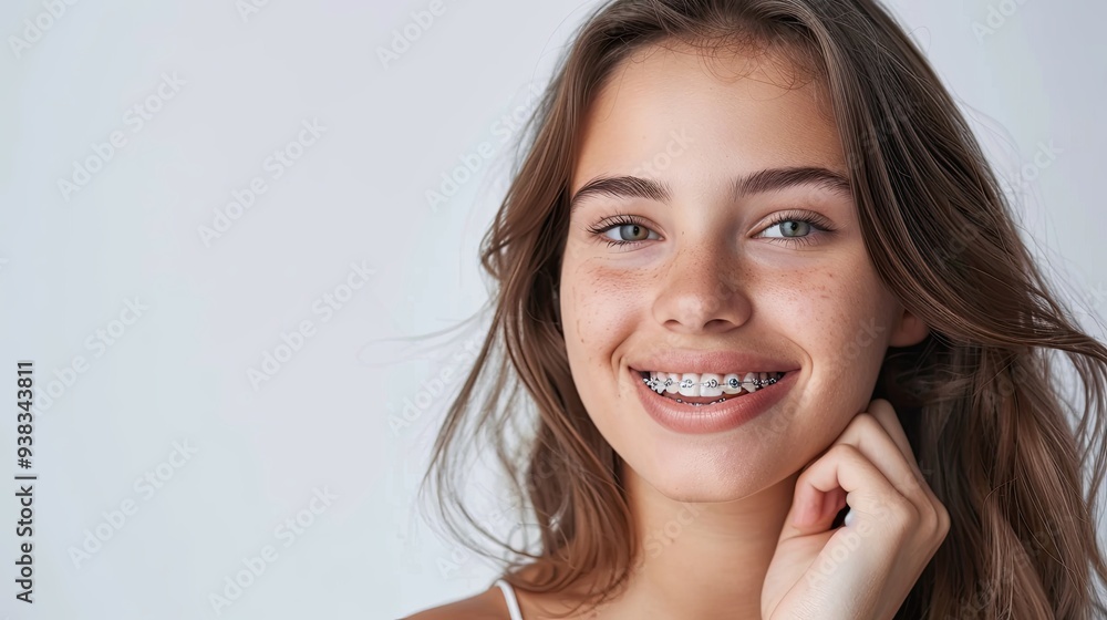 Beautiful young woman with teeth braces on white background Beautiful young woman with teeth braces on white background