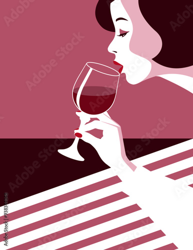 Beautiful woman holding a glass of red wine in her hand at a party. Retro stylized drawing in a minimalist style. Vector illustration	