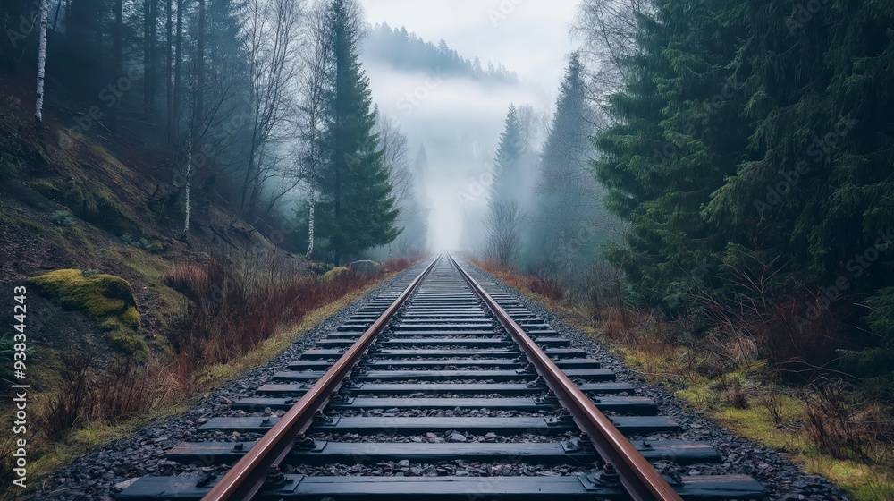 A single track railway disappears into the dense fog of a misty forest. A single track railway disappears into the dense fog of a misty forest.