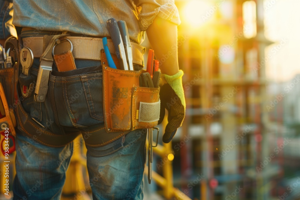 A construction worker holding a tool belt on a job site A construction worker holding a tool belt on a job site