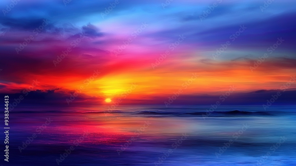 Obraz premium A stunning sunset over a tranquil body of water with a sailboat anchored nearby and fluffy clouds adorning the sky