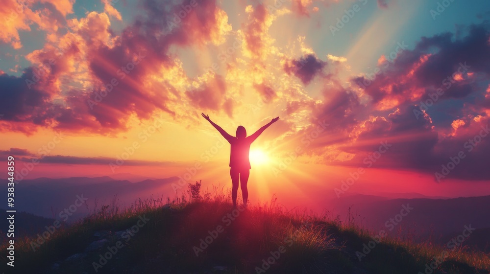 Close-up of a person on a hilltop with arms raised, silhouetted against a vibrant sunset with rays streaming through clouds Close-up of a person on a hilltop with arms raised, silhouetted against a vibrant sunset with rays streaming through clouds