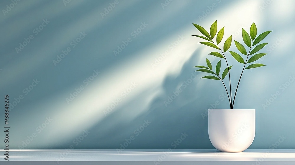 A white vase holds a green plant on a blue wall, with a shadow of the wall behind it A white vase holds a green plant on a blue wall, with a shadow of the wall behind it