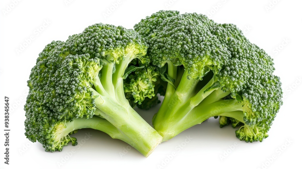Two fresh green broccoli florets isolated on a white background. Two fresh green broccoli florets isolated on a white background.