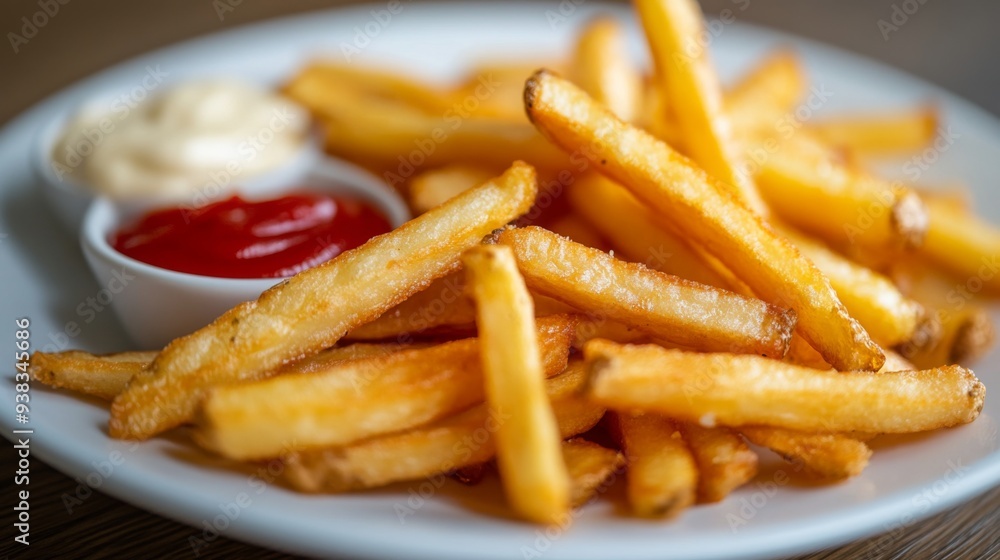Close-up of a plate of crispy French fries with ketchup and a side of mayo Close-up of a plate of crispy French fries with ketchup and a side of mayo