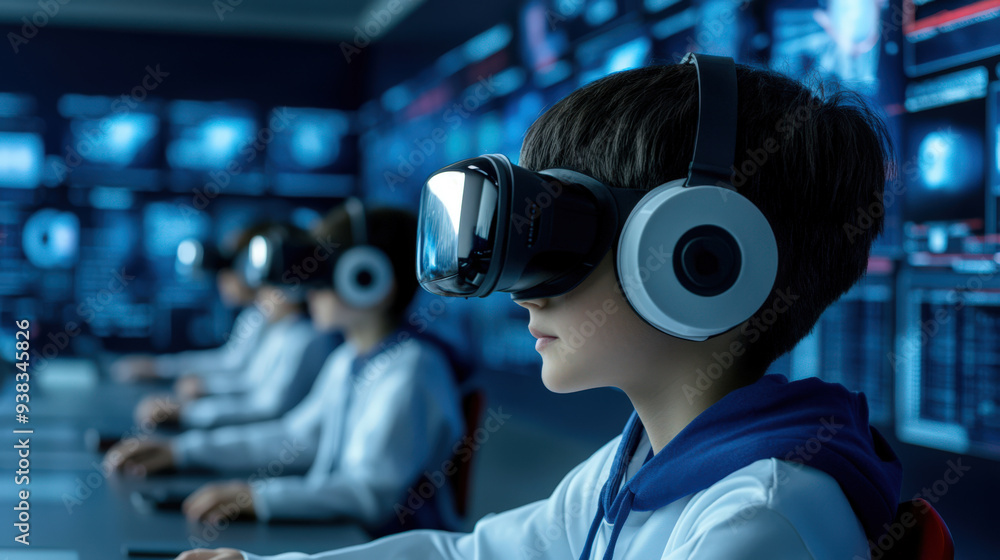 A young boy immersed in virtual reality, wearing a headset and headphones, surrounded by digital screens and technology. A young boy immersed in virtual reality, wearing a headset and headphones, surrounded by digital screens and technology.
