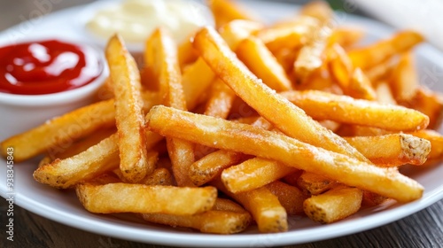 Close-up of a plate of crispy French fries with ketchup and a side of mayo