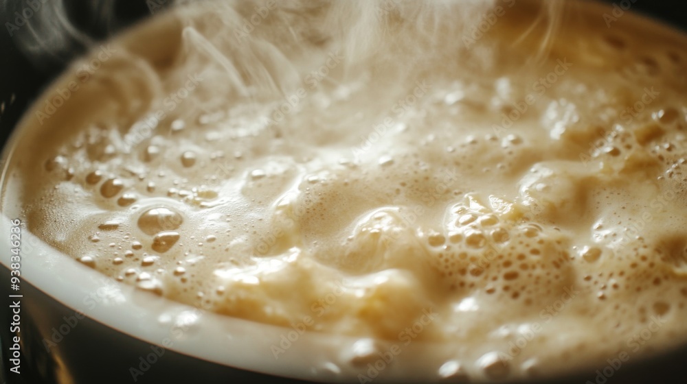 Close-up of a pot of creamy sauce simmering on a stovetop, with a focus on the smooth texture and bubbling surface Close-up of a pot of creamy sauce simmering on a stovetop, with a focus on the smooth texture and bubbling surface