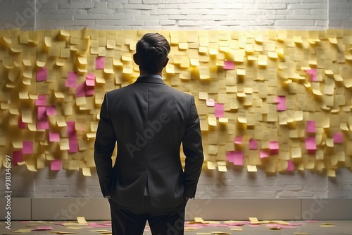 Business man looking at wall full of post it notes. Creative professional brainstorming at a whiteboard covered in colorful post it notes. Working business cooperation concept