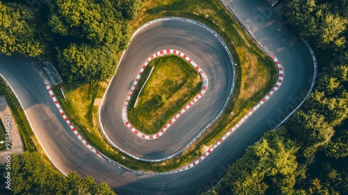 An aerial top view captures a race kart track, illustrating the track layout for auto racing with a clear view of asphalt curves and street circuits  photo