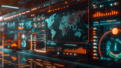 High tech digital interface visualizing global economic policy scenarios and projections