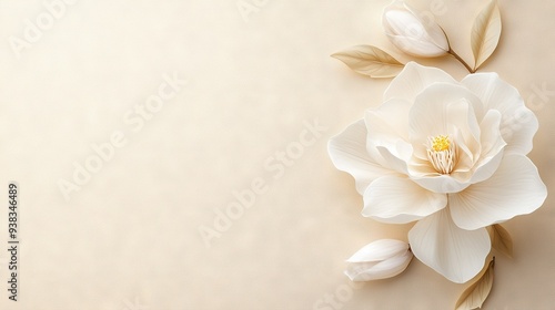  White flower resting on table with adjacent leafy plant on paper