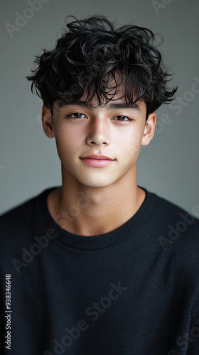 Young Man with Curly Black Hair Wearing a Black Shirt