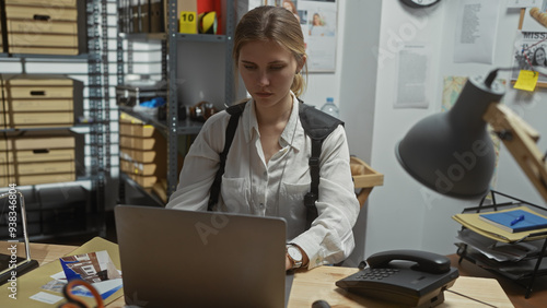 Focused young woman using laptop at a cluttered police detective's office, immersed in investigation.