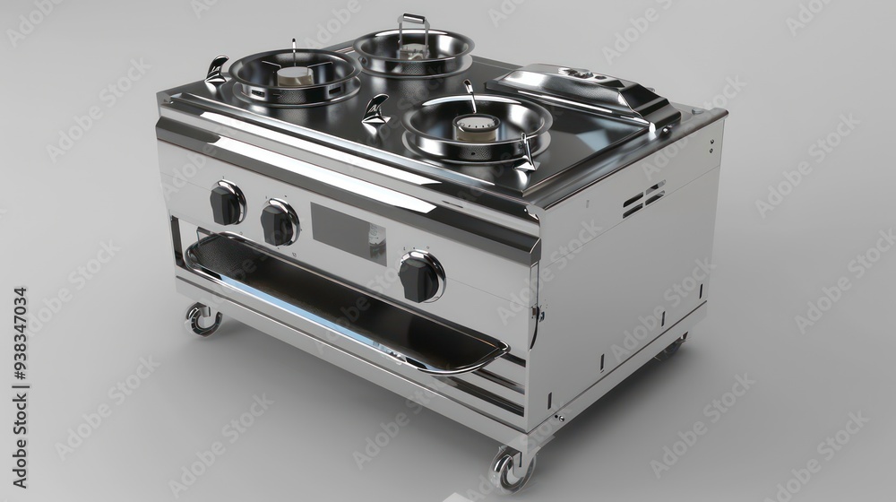 Stainless steel commercial kitchen stove with three burners and a digital display. Stainless steel commercial kitchen stove with three burners and a digital display.