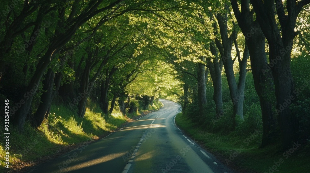 Naklejka premium Close-up of a scenic road with a canopy of trees arching overhead, creating a tunnel of green and dappled sunlight