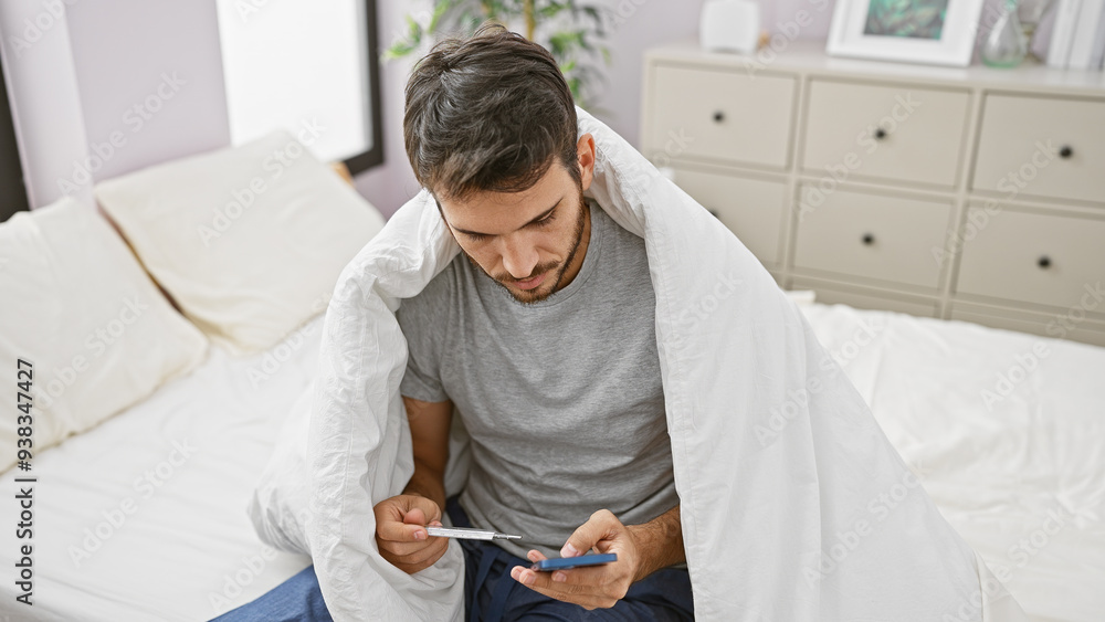 Obraz premium A young man with a beard using a smartphone while sitting in a bed indoors, appears focused and casual.