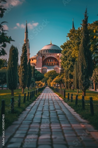 A path leading to a large building in a park, perfect for outdoor events or architectural photography