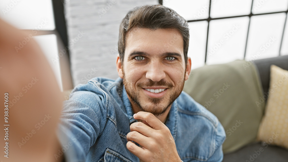 Fototapeta premium Handsome man with beard wearing denim in a cozy living room, smiling at the camera.