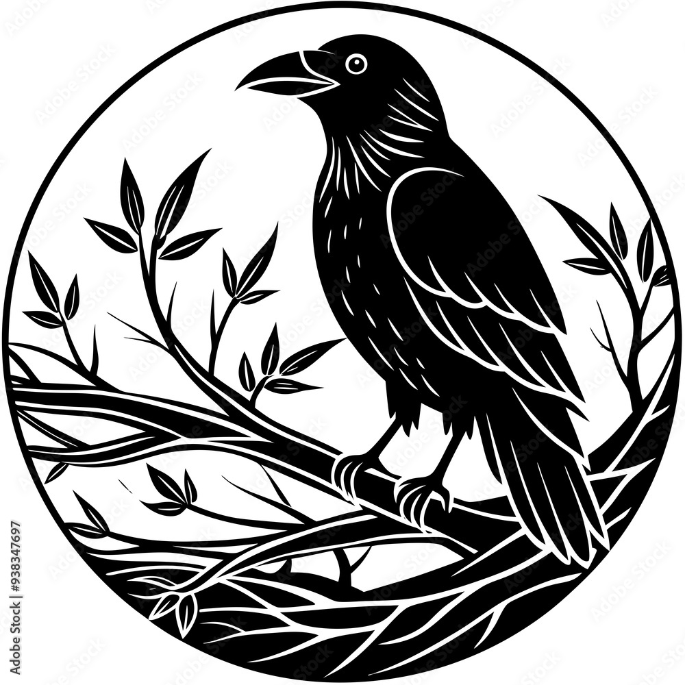 Obraz premium Elegant Raven Silhouette Minimalist Black and White Vector Design with Eerie Gothic Symbolism Art vector illustration