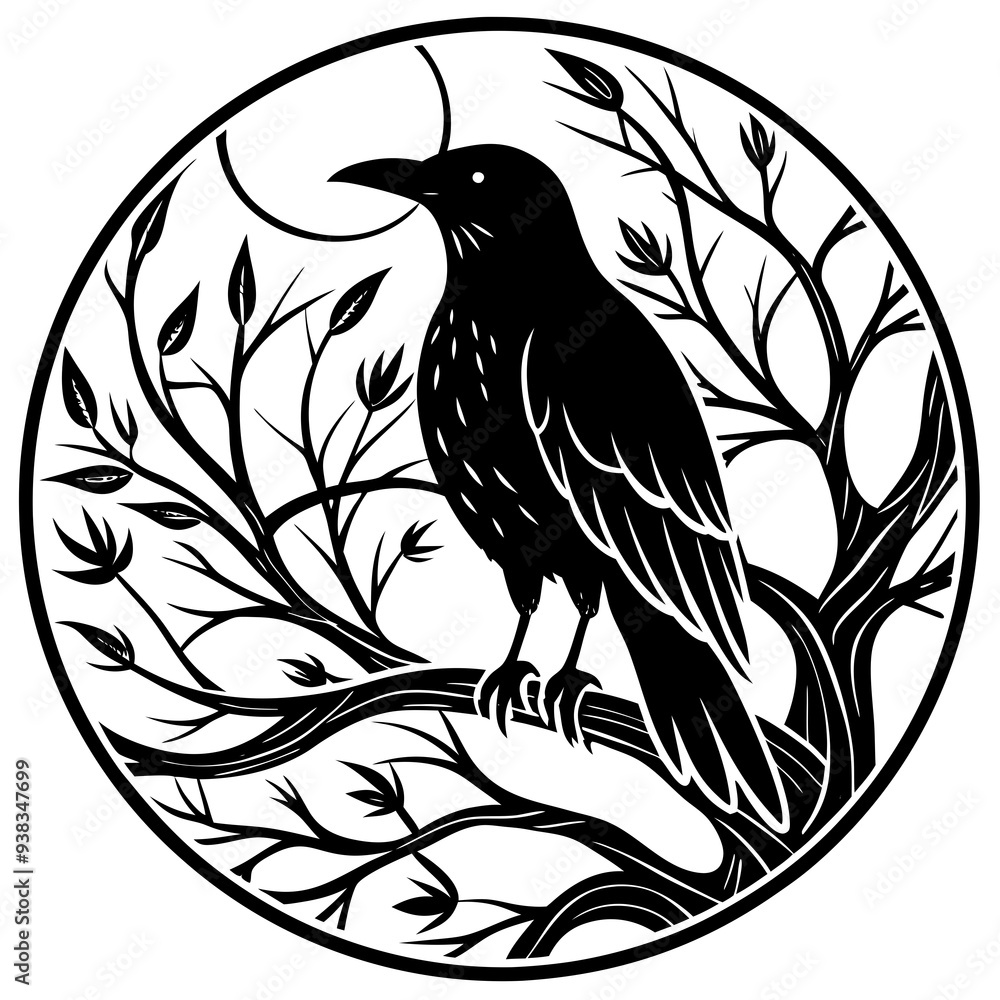 Obraz premium Elegant Raven Silhouette Minimalist Black and White Vector Design with Eerie Gothic Symbolism Art vector illustration