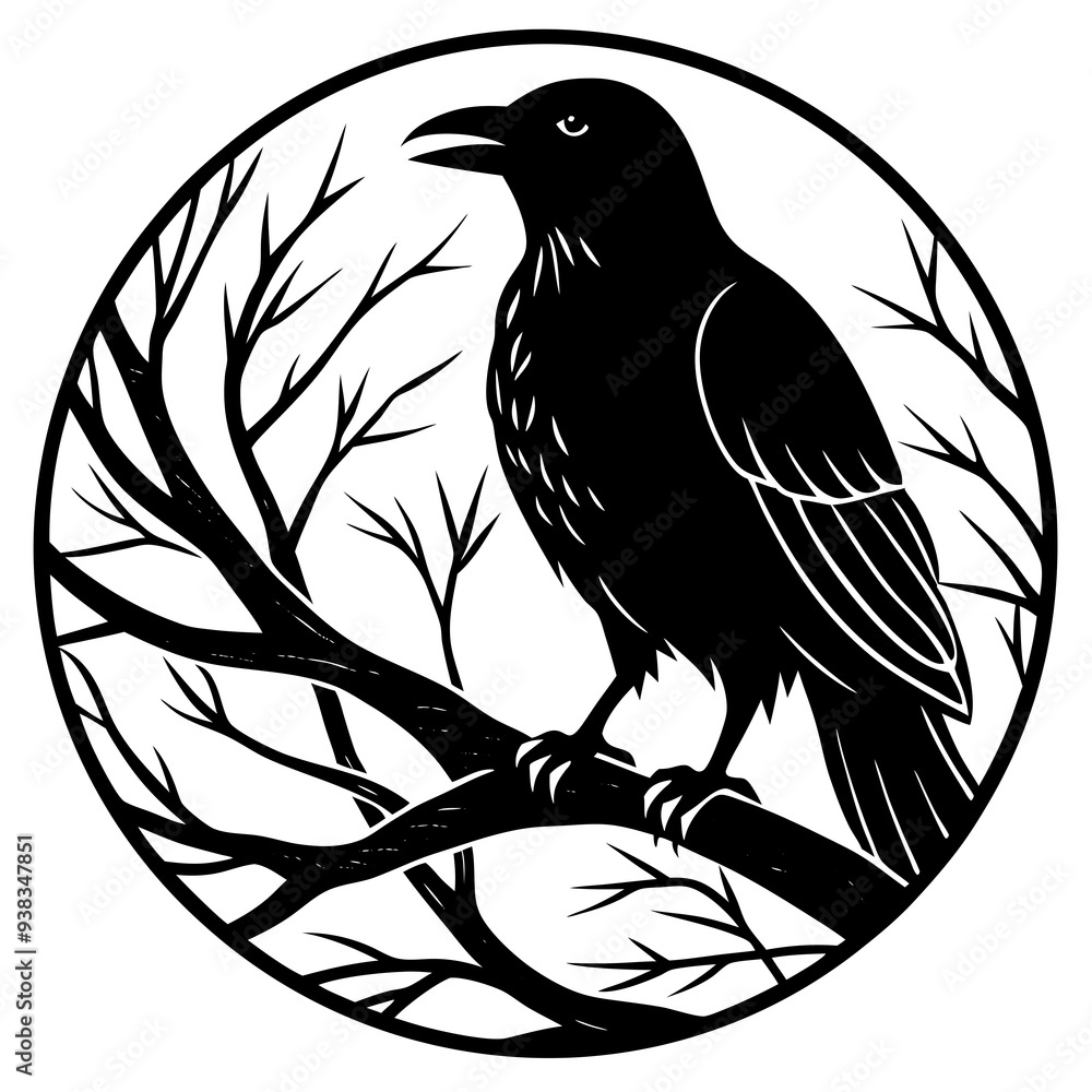 Obraz premium Elegant Raven Silhouette Minimalist Black and White Vector Design with Eerie Gothic Symbolism Art vector illustration
